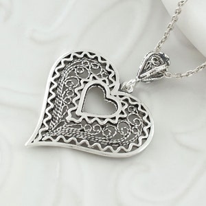925 Sterling Silver Filigree Art Heart Pendant Necklace, Solid Silver Heart in Heart Women Charm Pendant, Handmade Silver Love Necklace