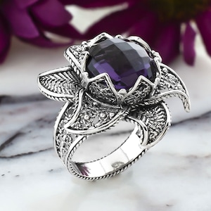 925 Sterling Silber Lotus Blume Frauen Ring, Amethyst Edelstein Cocktail Ring, Massiv Silber handgemachte filigrane Kunst 3D Lotus Statement Ring