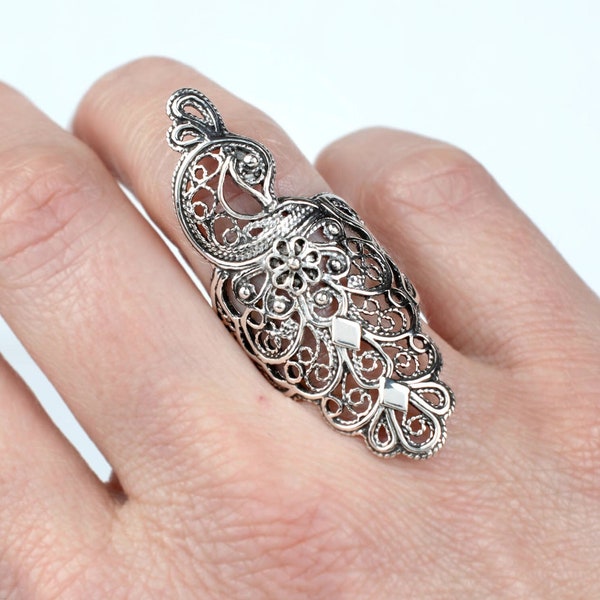 925 Sterling Silver Peacock Ring, Handmade Solid Silver Women Cocktail Ring, Filigree Art Index Finger Long Ring, Silver Protection Ring