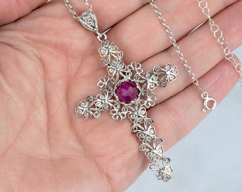 Ruby Corundum Sterling Silver Filigree Cross Boho Pendant Necklace with 20 " Chain