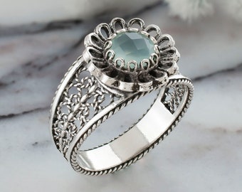925 Sterling Silver Filigree Women Daisy Cocktail Ring, Aqua