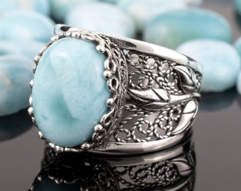 925 Sterling Silver Ring | Larimar Silver Ring | Silver Tulip Ring | Silver Cocktail Ring | Filigree Oxidized Ring | Vintage Silver Ring