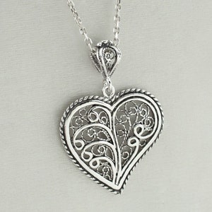 925 Sterling Silver Filigree Tree of Life Heart Pendant Necklace, Solid Silver Handmade Life Tree Charm Necklace, Love Pendant Necklace