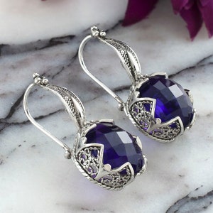 Amethyst Edelstein Sterling Silber Handgemachte Filigrane Kunst Frauen Lotus Blume Tropfen Ohrringe, Citrin, Blautopas, Alexandrit Ohrringe