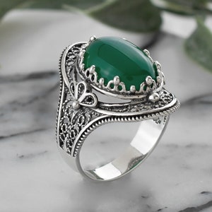 Green Agate Gemstone 925 Sterling Silver Woman Cocktail Oval Ring, Handcrafted Filigree Art Woman Statement Ring, Birthday Gift Her