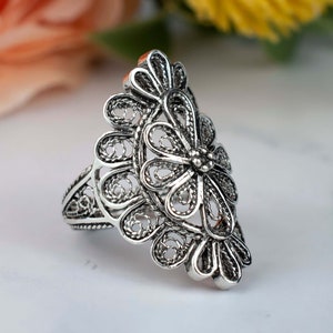 925 Sterling Silver Women Long Ring, Artisan Made Handcrafted Filigree Art Lace Embroidery Women Silver Ring