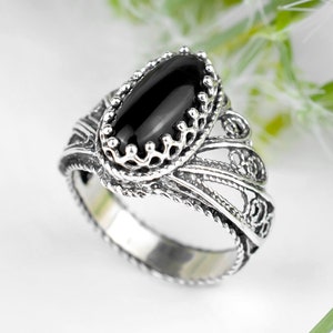 Black Onyx Sterling Silver Cocktail Ring, Artisan Made Handcrafted Filigree Art Angel Statement Ring