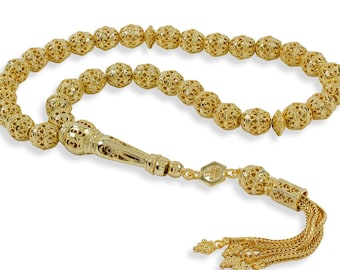 Vergulde tasbih, sterlingzilver handgemaakte filigraankunst ovaal 33 kralen tasbih, islamitisch gebed misbaha, zorgkralen, moslim vader cadeau