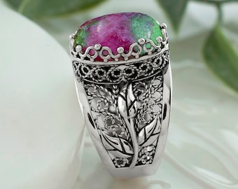 925 Sterling Silver Women Cocktail Ring with Ruby Zoisite Gemstone, Filigree Art Tulip Detailed Gift Ring, Gift Boxed