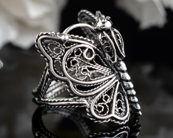 Sterling Silber Schmetterling Frauen Cocktail Ring, Handwerker gemacht handgefertigte Spitze filigrane Kunst Alltag Ring, Geschenk Boxed