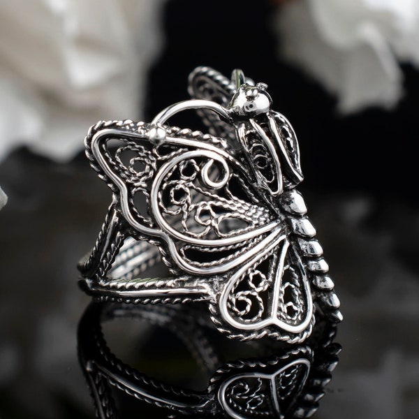 Sterling Silver Butterfly Women Cocktail Ring, Artisan Made Handcrafted Lace Filigree Art Everyday Use Ring, Gift Boxed