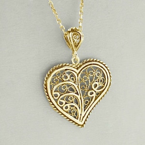 Gold Plated 925 Sterling Silver Filigree Tree of Life Heart Pendant Necklace, Solid Silver Handmade Charm Necklace, Love Pendant Necklace
