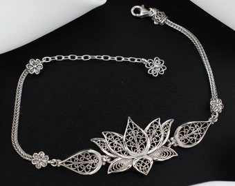 Lotus Flower Sterling Silver Woman Link Bracelet, Filigree Art Adjustable Charm Bracelet, Handmade Silver Bracelet, Anniversary Git Her