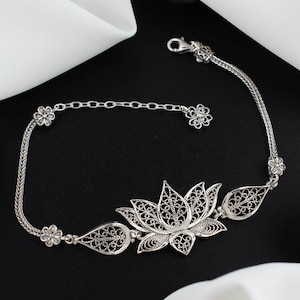 Lotus Blume Sterling Silber Frau Link Armband, filigrane Kunst einstellbar Charme Armband, handgemachte Silber Armband, Jubiläum Git Her