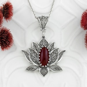 925 Sterling Silber Filigrane Lotus Blume Karneol Anhänger Halskette, Handgemachte Massiv Silber Rot Achat Edelstein Frauen Charme Halskette
