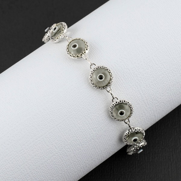 925 Sterling Silver Evil Eye Bracelet, Translucent Murano Glass Protection Link Bracelet, Smokey Evil Eye Good Luck Women Bracelet