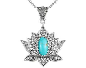 Lotus Flower Design Copper Turquoise Gemstone Sterling Silver