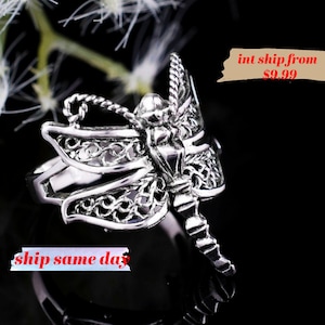 925 Sterling Silver Dragonfly Design Women Cocktail Ring, Artisan Made Handcrafted Lace Filigree Art Women Cocktail Dragonfly Ring