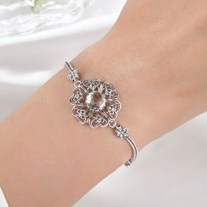 Prasiolite Gemstone Clover Flower Sterling Silver Woman Link Bracelet, Filigree Art Adjustable Charm Bracelet, Birthday Gift Her