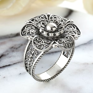 Sterling Silver Women Lace Flower Ring, Handcrafted Lace Embroidery Filigree Art Statement Cocktail Ring