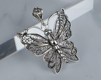 925 Sterling Silber Filigrane Kunst Frauen Schmetterling Anhänger Halskette, Massiv Silber Handgefertigt Schmetterling Anhänger Geschenk mit 20 "Kabelkette