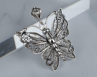 Broche Ancienne Papillon - Argent Massif Filigrane - Vintage - Occasion Porté