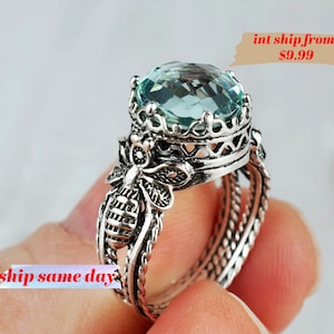 Aquamarine Gemstone March Birthstone Ring, 925 Sterling Silver Filigree Art Queen Bee Detailed Women Cocktail Ring, Size 5 6 7 8 9 10 Ring