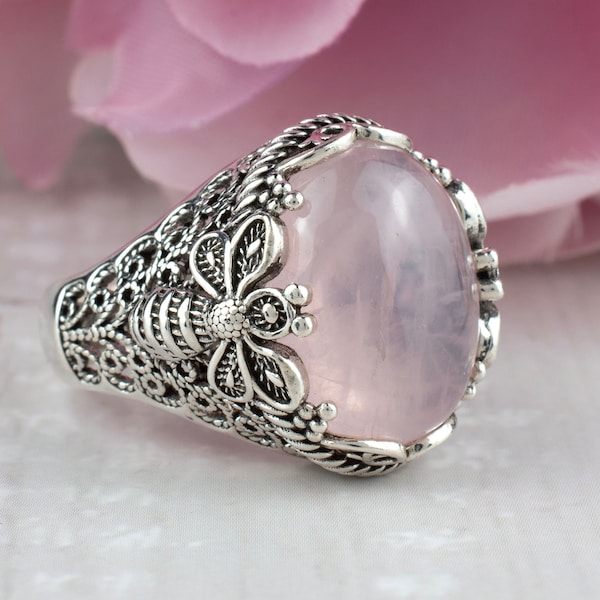 925 Sterling Silver Rose Quartz Gemstone Bee Detailed Women Cocktail Ring, Solid Silver Handcrafted Filigree Art Bold Gift Ring, Size 12