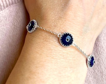 925 Sterling Silver Dark Blue Evil Eye Women Link Bracelet, Dainty Protection Bracelet, Christmas Gift Charm Bracelet, Good Luck Bracelet