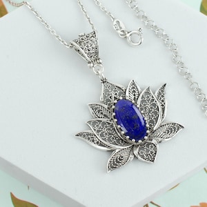 Lapis Lazuli Gemstone 925 Sterling Silver Filigree Lotus Flower Pendant Necklace, Handmade Solid Silver Women Charm Necklace, Gift to Mother