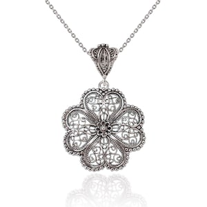 Sterling Silver Daisy Floral Design Filigree Style Pendant Necklace with 20&quot; Cable Chain