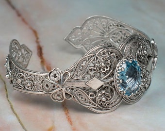 925 Sterling Silver Women Cuff Bracelet with Sky Blue Topaz Gemstone, Artisan Crafted Filigree Art Mother of Pearl Stone Cuff Bracelet