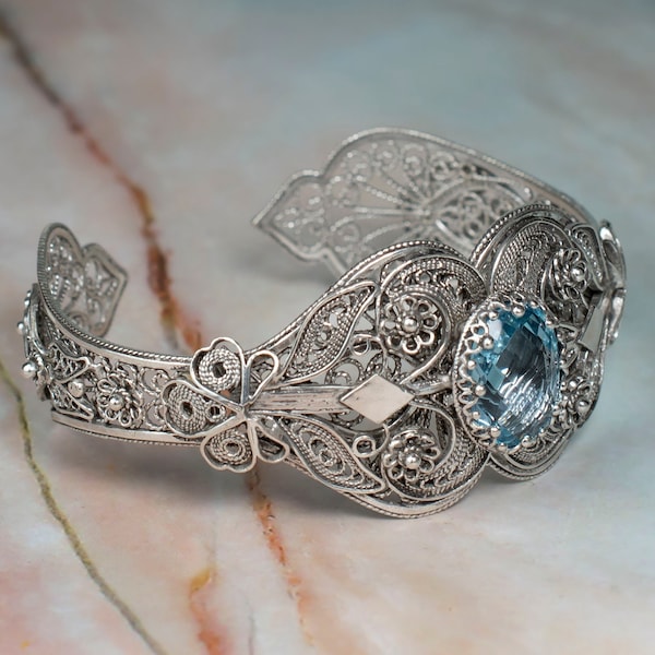 925 Sterling Silver Women Cuff Bracelet with Sky Blue Topaz Gemstone, Artisan Crafted Filigree Art Mother of Pearl Stone Cuff Bracelet