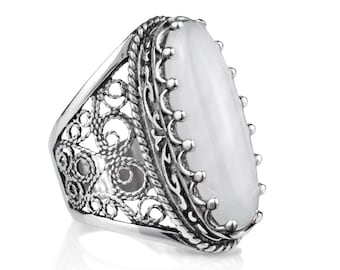 925 Sterling Silver Women Ring, Mother of Pearl Gemstone Filigree Art Lace Long Ring, Gift Boxed