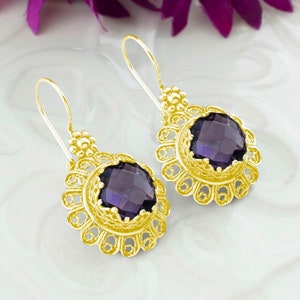 Amethyst Edelstein Vergoldet 925 Sterling Silber Handgemacht Filigrane Kunst Frauen Ohrringe, Citrin, Blautopas, Alexandrit, Rubin Ohrringe