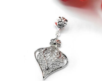 925 Sterling Silver Filigree Art Heart Design Pendant Necklace, Artisan Made Heart Shaped Solid Silver Women Pendant Charm Necklace