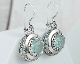 Aquamarine Gemstone 925 Sterling Silver Women Drop Earrings, March Birthstone Handmade Solid Silver Filigree Art Women Earrings, Gift Boxed