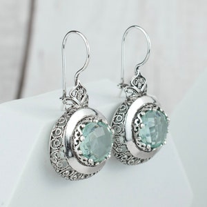 Aquamarine Gemstone 925 Sterling Silver Women Drop Earrings, March Birthstone Handmade Solid Silver Filigree Art Women Earrings, Gift Boxed