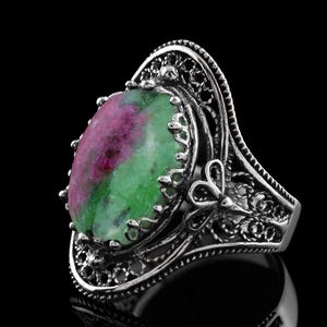925 Sterling Silver Ruby Zoisite Women Cocktail Oval Ring, Artisan Made Handcrafted Filigree Art Long Ring, Gift Boxed Silver Statement Ring