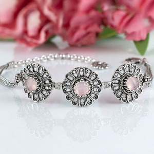 Pink Chalcedony Sterling Silver Flower Bracelet, Handcrafted Filigree Art 925 Silver Women Link Bracelet, Gift Boxed