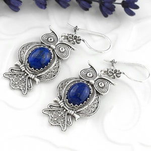925 Sterling Silver Owl Design Lapis Lazuli Dangle Drop Earrings, Artisan Made Filigree Art Owl Design Women Earrings