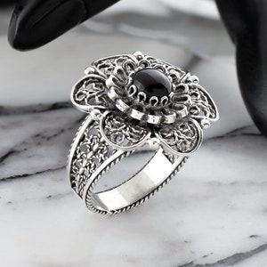 Sterling Silver Black Onyx Gemstone Women Flower Ring, Handcrafted Lace Embroidery Filigree Art Statement Cocktail Ring