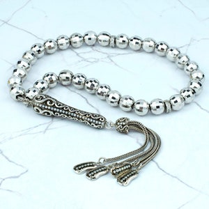 Sterling Silver Tasbih, Paisley Tassel 33 Pieces Round Beads Misbaha Tasbih, Misbaha, Worry Beads Rosary