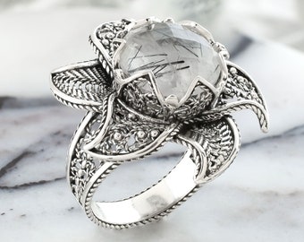 Black Rutile Gemstone 925 Sterling Silver Lotus Flower Women Ring, Solid Silver Handmade Blossoming Lotus Flower Bold Ring, Mothers Day Gift