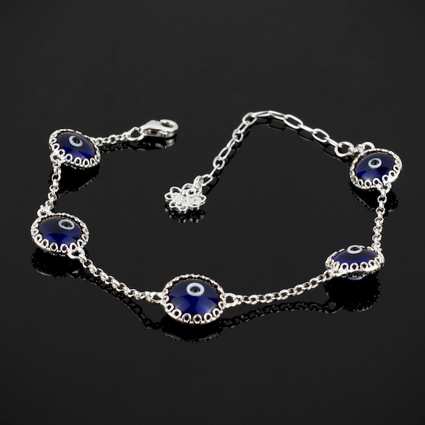 925 Sterling Silver Evil Eye Good Luck Women Bracelet, Dark Blue Evil Eye Protection Bracelet, Translucent Murano Glass Beads Charm Bracelet