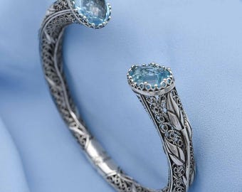 Bracciale in argento sterling 925 con topazio blu fatto a mano (7-8) - Italia
