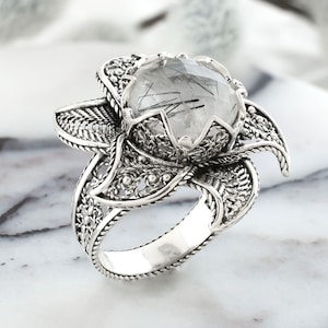 Black Rutile Gemstone 925 Sterling Silver Lotus Flower Women Ring, Solid Silver Handmade Blossoming Lotus Flower Bold Ring, Mothers Day Gift