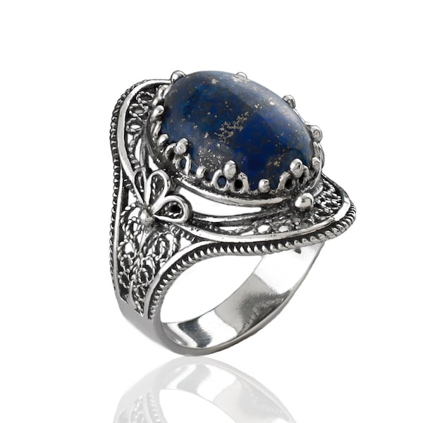 Lapis Lazuli Gemstone 925 Sterling Silver Woman Cocktail Oval Ring, Handcrafted Filigree Art Statement Ring, Thanksgiving Gift Wife