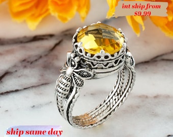 925 Sterling Silver Filigree Bee Detailed Women Cocktail Ring, Filigree Art Citrine Gemstone Everyday Use Ring, Size 5-12.5, Birthday Gift