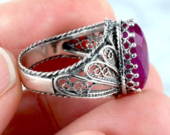 925 Sterling Silver Filigree Art Angel Wings Detailed Women Cocktail Ring, Solid Silver Handmade Ruby Corundum Gemstone Ring, Size 5 -12.5